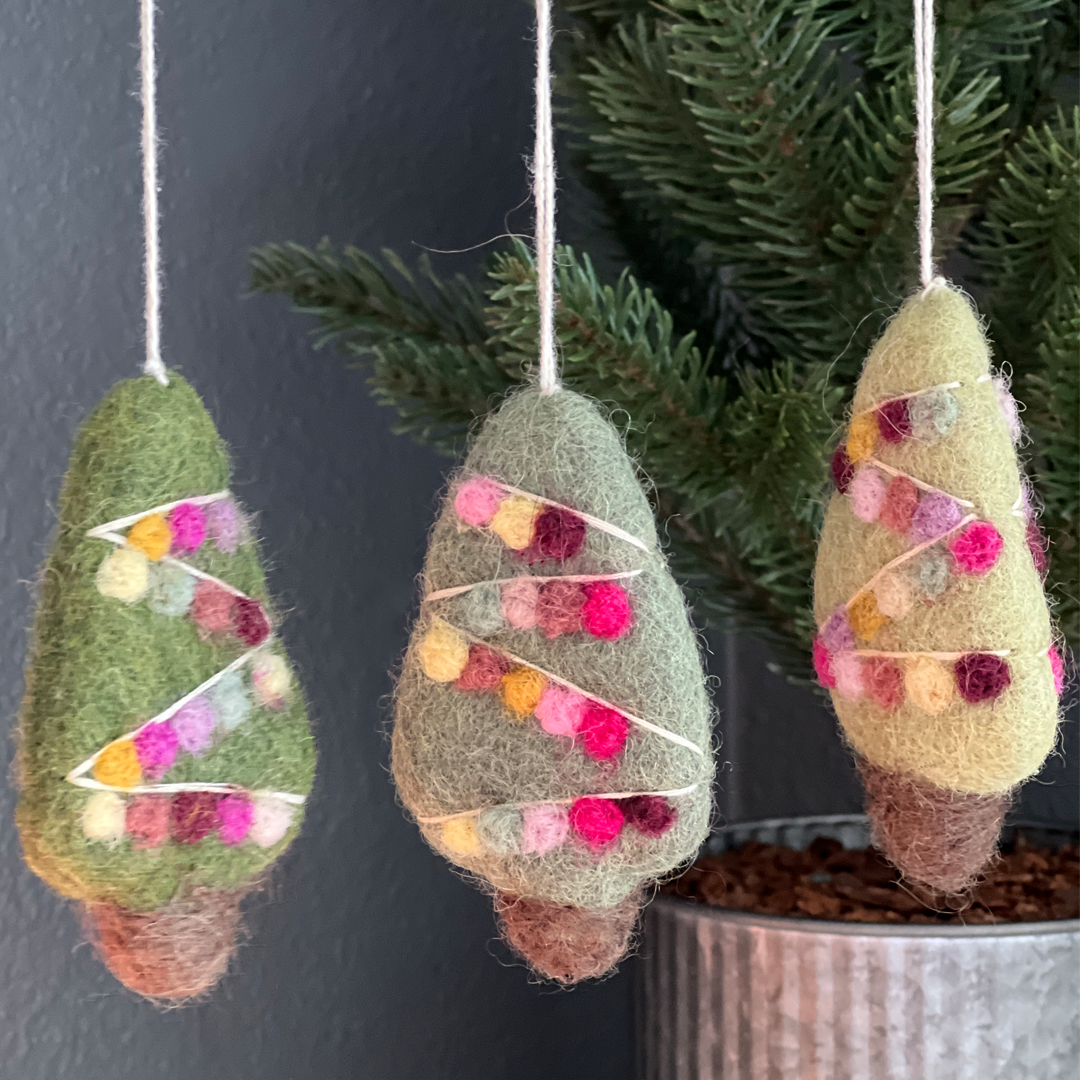 Mini Christmas Tree Ornaments - Handcrafted - 3 Felted Wool